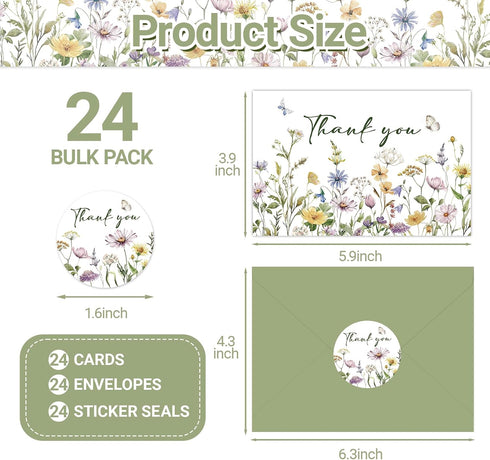 SMUAENSS 24 Pack Floral Thank You Cards With Envelopes,Watercolor Wildflower Thank You Cards for Baby