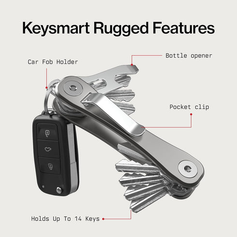 14 KeySmart Rugged - Multitool Key Holder for Keychain w/Bottle Opener and Pocket Clip, Organizer for Keys, EDC