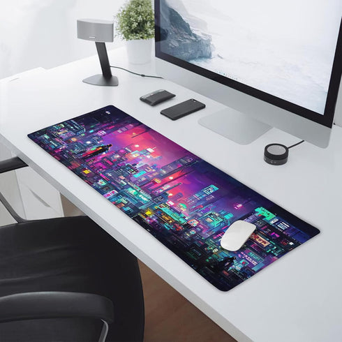 Retro Japanese Anime Gaming Mouse Pad XL, Cool Dark Purple Red Vaporwave City Extended Desk Mat