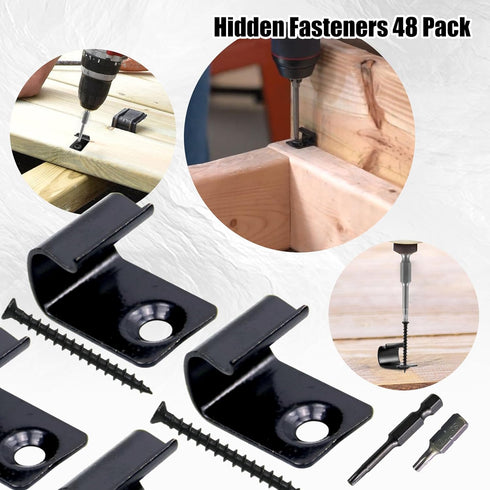 48-Pack Black Stainless Steel Deck Start Clips, Concealed Fasteners with Deck Screws for 400 Sqm, Includes 2 Drill Bits