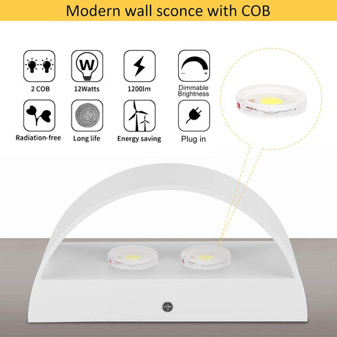12W Dimmable Lightess Plug in Wall Sconces Modern LED Wall Light Indoor Up Down Wall Lamp for Bedroom Living Room