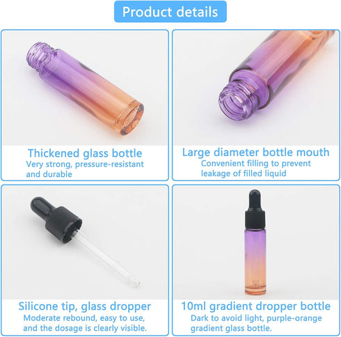 10Pcs Dropper Bottles Set, 10ml (1/3 oz) Purple Orange Gradient Glass Bottles with 5ml Plastic Droppers for Essential