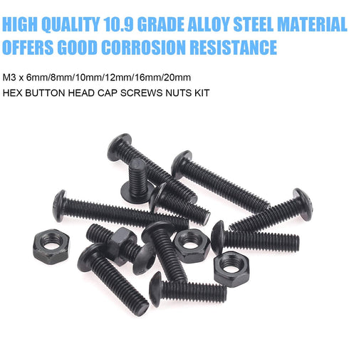 DYWISHKEY 360 Pieces M3 Hex Button Head Cap Bolts Screws Nuts Kit, 10.9 Grade Alloy Steel with Hex Wrench