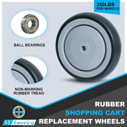 5" 1.25" 1400 lbs (Set 4), 5/16" SY America x Shopping Cart Replacement Wheels Kit, Rubber Wheels for Grocery