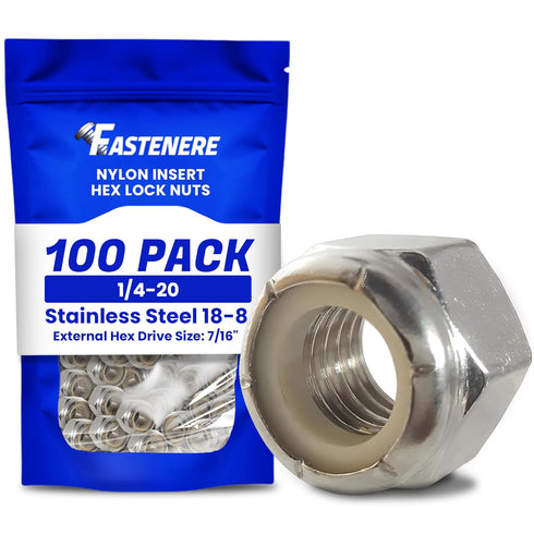 Fastenere Nylon Insert Hex Lock Nuts - 1/4"-20 (100-Pack) Stainless Steel 18-8, Plain