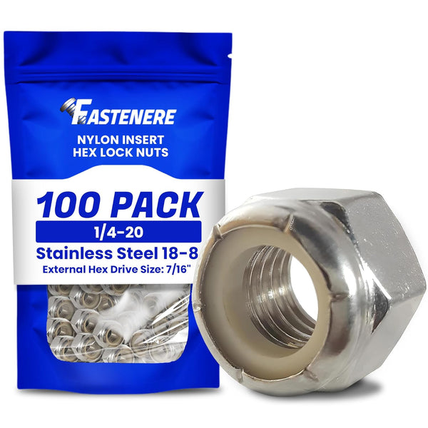 Fastenere Nylon Insert Hex Lock Nuts - 1/4"-20 (100-Pack) Stainless Steel 18-8, Plain
