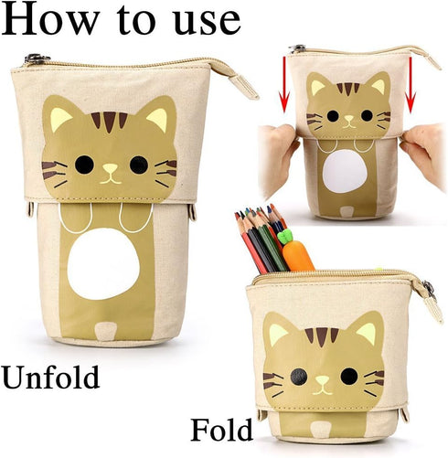 Telescopic Pencil Pouch, Cute Standing Pen Holder, Cartoon Pencil Storage Box (Khaki)