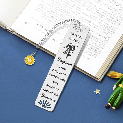 Kaluofan Sunflower Gifts for Women Girls, Inspirational Bookmarks with Sunflower Chain, Book Markers for Reading, Back