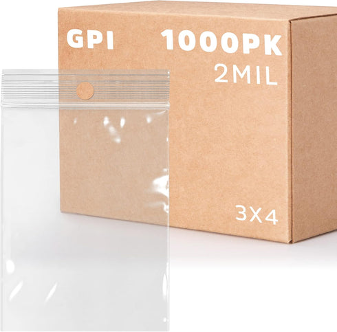 GPI - 3" x 4" - Bulk Case of 1000, 2 Mil Thick Clear Plastic Reclosable Zip Bags, Durable Poly Baggies for Storage
