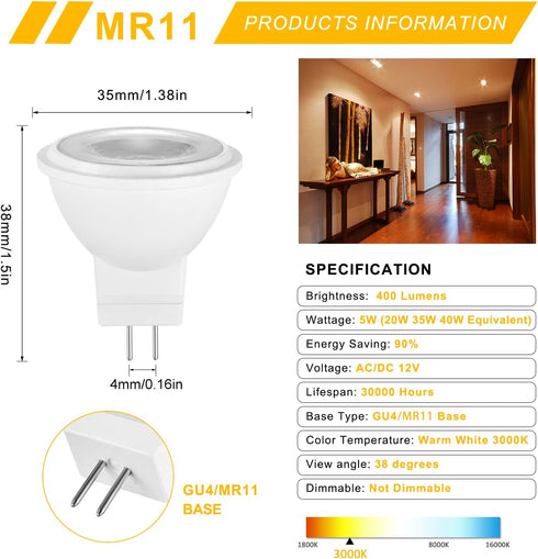 YUIIP 5W MR11 GU4 LED Light Bulbs 12V 20W 35W 40W Halogen Bulb Replacement Soft Warm White 3000K Recessed Spotlight Lamp for Landscape Track Lighting, Not Dimmable, 38°, 400LM, Pack of 6 by YUIIP