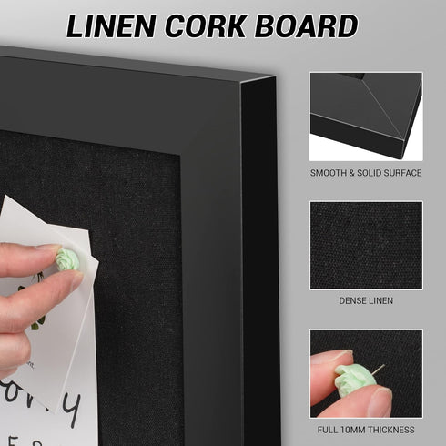 Board2by Black Cork Board Bulletin Board with Linen, Wood Framed 24" x 18" Corkboard, Wall Mounted Pin Board