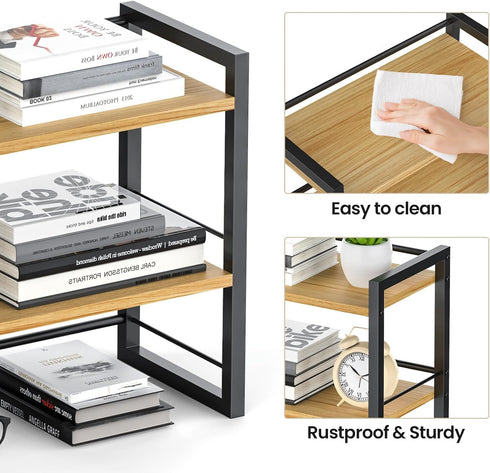 Office Desk Shelf Organizer, Wood Desktop Bookshelf Supplies Storage Rack, 2 Tier Shelf for Desk and Dresser (Black)