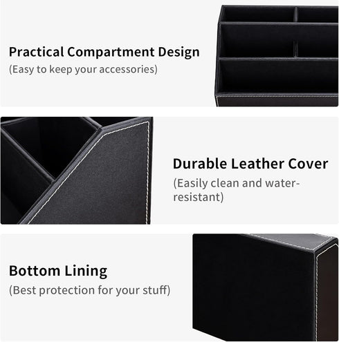 KINGFOM Pu Leather Desk Organizer with 5 Compartments for Office Supplies, Black