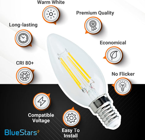 E14 Bulb 4W (40W 2700K 450lm, Non-Dimmable C35/B10 6 Packs BlueStars European Base LED Equivalent), Warm White Torpedo