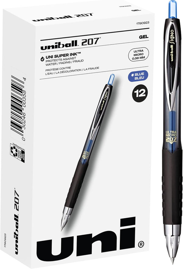 uniball 207 Signo Gel Ultra Micro Gel Pen, Retractable, Extra-Fine 0.38 mm, Blue Ink, Smoke Barrel