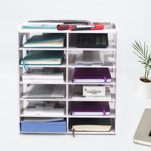 SONGWAY Desktop Mail Sorter Organizer - Small File Organizer with 12 Slots for Desk Bills and Ink Pad Storage