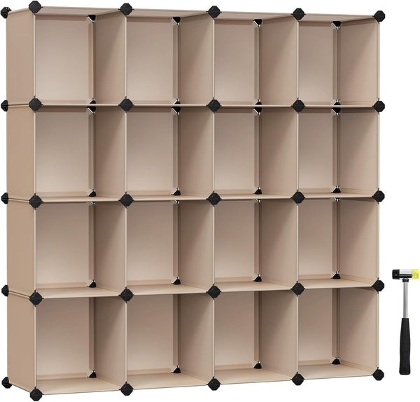 SONGMICS Cube Storage Organizer, Set of 16 Plastic Cubes, 12.2 x 48.4 x 48.4 Inches, Camel Brown for Room Organization