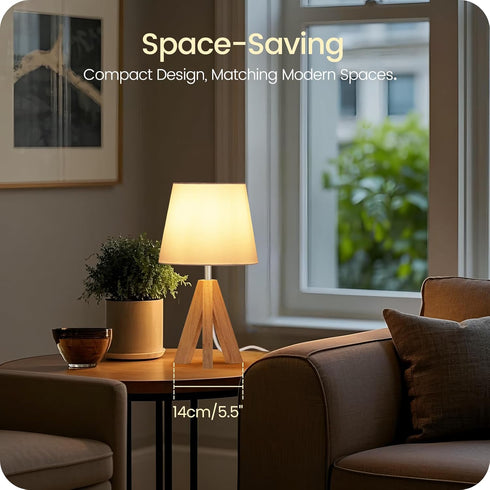 W51TL05 Small Tripod Table Lamp, Modern Nightstand Lamp with Fabric Shade, Boho Bedside Wood Desk Light for Bedroom
