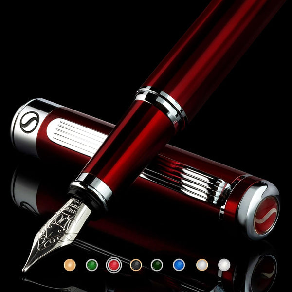 Scriveiner Deep Crimson Red Fountain Pen, Luxury Pen with Chrome Finish, Schmidt Nib (Medium), Best Gift Set for Men &