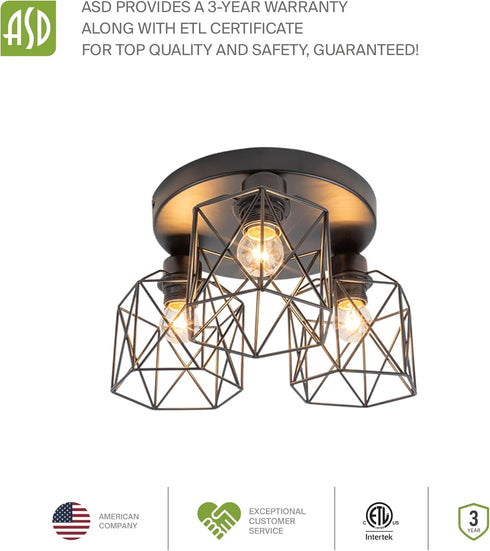 3xE26 120V ASD Black Semi Flush Mount Ceiling Light Fixture - ETL Modern Light Fixtures Ceiling Mount, Semi Flush Mount