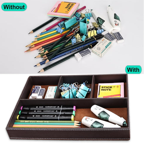 KINGFOM Pu Leather Desk Organizer Tray, 4 Compartment Storage Supplies Drawer Tray for Key, Wallet, Phone