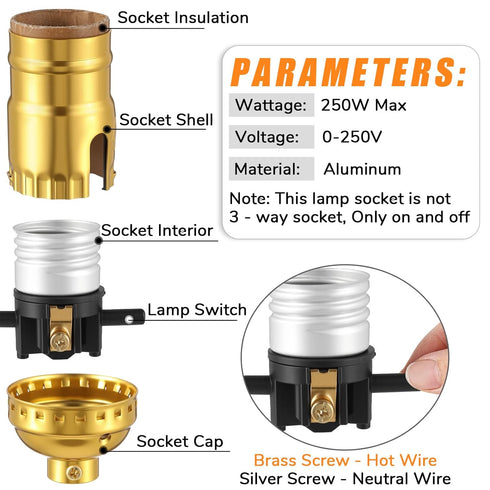 Saysurey 8 Pack E26 UL Listed Lamp Socket with Push On/Off, Threaded Base, Medium Screw Push Socket, Lamp Parts