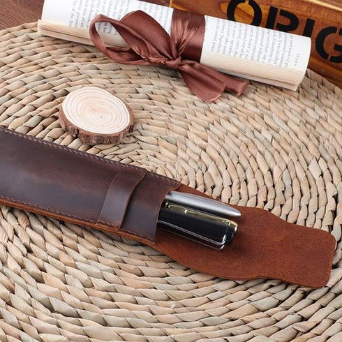 Daimay Leather Pen Case Holder Handmade Fountain Multi Pens Pouch, Crazy Horse Leather Cover – Black