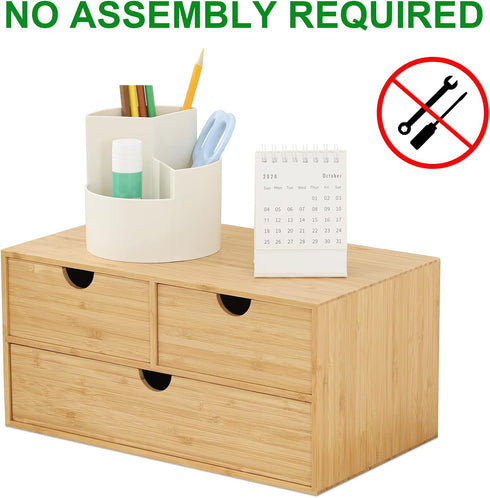Wisuce Mini Bamboo Desk Organizer - 3 Drawer Tabletop Storage Box for Office and Home Supplies, No Assembly Required