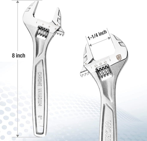 WORKPRO Adjustable Wrench, 8-inch Heavy Duty Spanner with Inch/Metric Scale, Chrome Plated Cr-V Steel