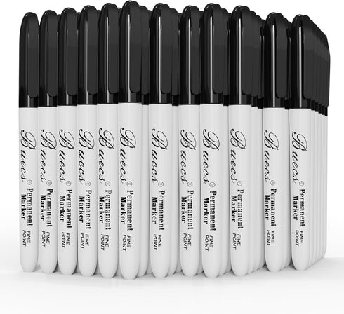 Buecs Permanent Markers, 60 Count Black Permanent Markers, Fine Point, Waterproof & Smear
