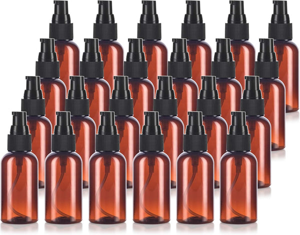 JUVITUS 2 oz Amber Boston Round Plastic Bottles, BPA Free with Black Treatment Pump, 24 Pack