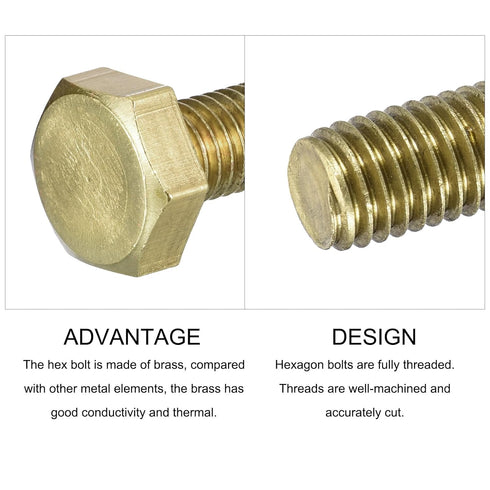 Hex Head Screw Bolt 5Pcs (M10-1.5x20mm), Brass Fully Threaded Solid Hex Bolts for Machinery Repair
