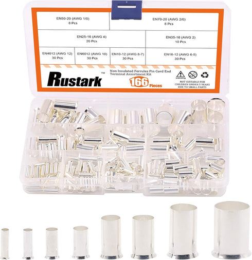 166 Pcs AWG12-2/0 Wire Ferrules Assortment Kit, Tinned Copper Crimp Connector Sleeves Non Insulated