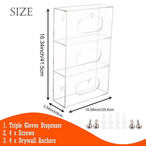 3 -10 3.5 16.4 Triple Glove Box Holder Wall Mount, Compartments Clear Acrylic Rubber Nitrile Gloves Dispenser for Lab