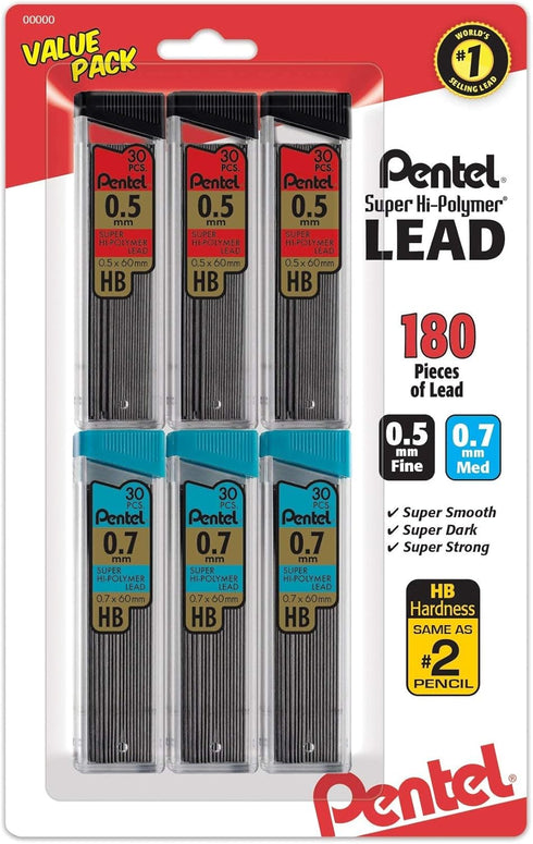 Pentel C257BPHB6 Super Hi-Polymer Lead Refills, 0.5mm, 0.7mm, HB, Black, 30/Tube, 6 Tubes