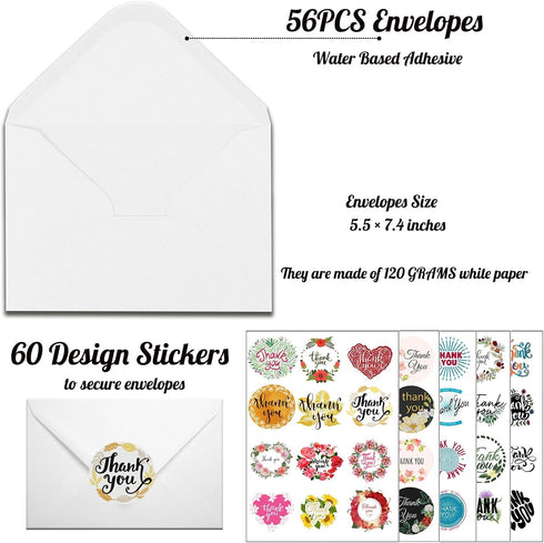 56 4 6 Inch Eilyliafe Bulk Thank You Cards, Assorted Thank You Cards with Envelopes, Matching Stickers and Storage Box