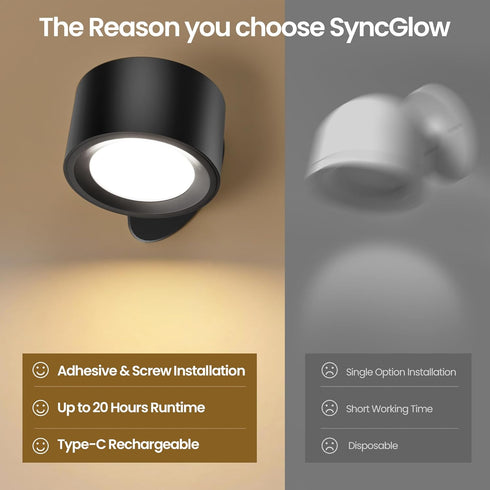 3CCT Dimmable, 360Rotation Black-2 Pack LED Wall Mounted Lamps, Battery Operated Rechargeable Wall Lights,