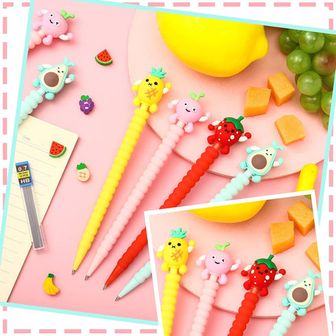 Chinco 24 Pieces Cute Mechanical Pencils with Fruit Erasers, Colorful Pencil with Fun Toppers, 0.7 mm