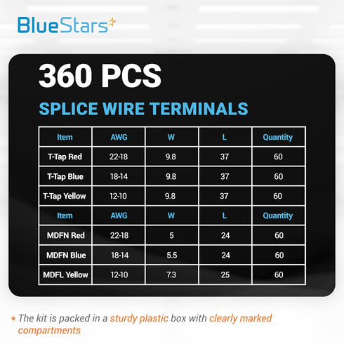 BlueStars 360 PCS T-Tap Splice Wire Terminals and Male Quick Disconnect Spade, Electrical Connectors Kit, Self-Stripping Quick Splice Disconnect Wire Terminals with Storage Case