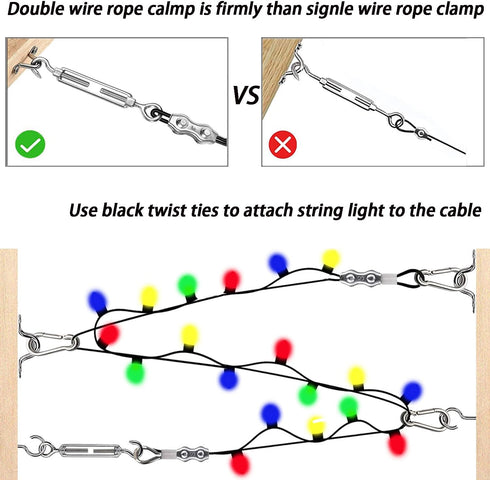164FT Outdoor String Light Hanging Kit - Heavy Duty Black Vinyl-Coated Stainless Steel Wire Rope with Turnbuckles