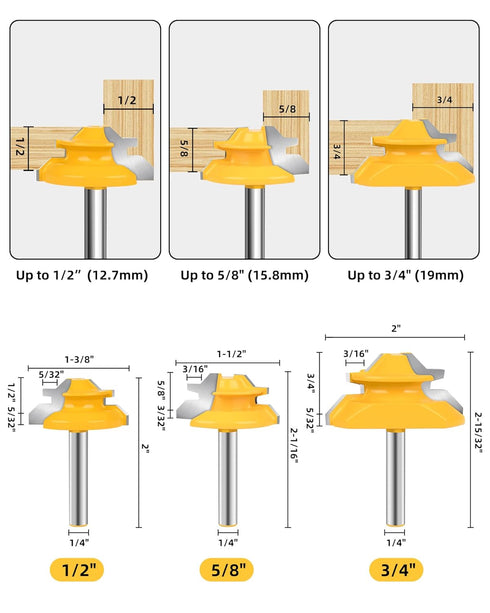 Allmake 3pcs Lock Miter Router Bits 1/4 Shank, 45 Degree Joint Router Bit Set for Woodworking Cabinetry Drawers