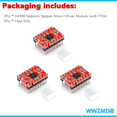 A4988 Stepper Motor Drive with Heat Sink for Arduino, 3D Printer, CNC Machine or Robotics (3Pcs A4988)