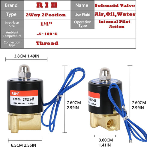 PNEUMATIC 1/4 Inch Electric Solenoid Valve 2 Way Brass 12V/24V/110V Normally Closed Water Liquid Air Control 2W025-08