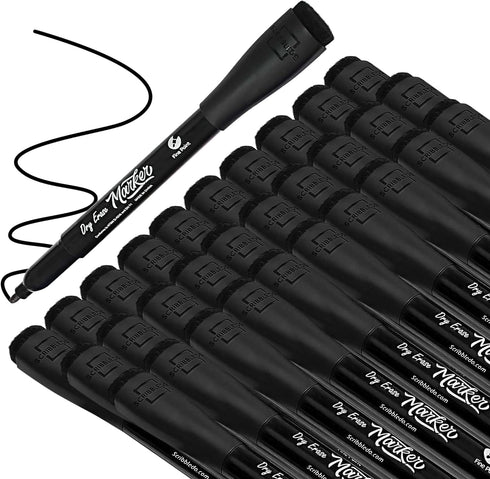 Scribbledo 36 Pack Dry Erase Markers - Black Fine Tip Whiteboard Markers with Eraser Cap for Home & School