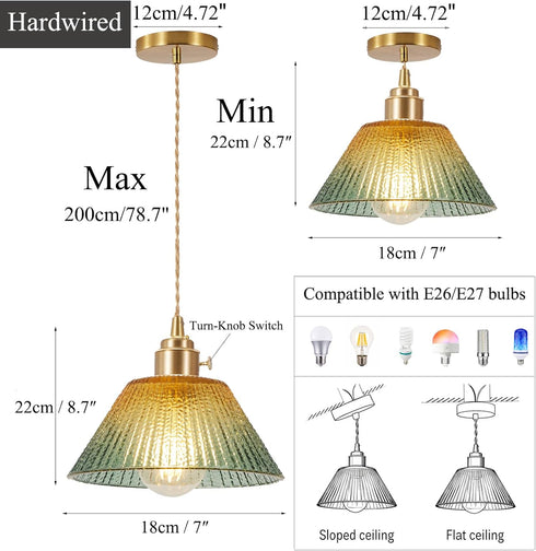 YJQHXY E26 4.72" 6.56 Amber-Green Stained Glass Cone Pendant Light, Fluted Shade, Brass Socket with Ceramic Core, US