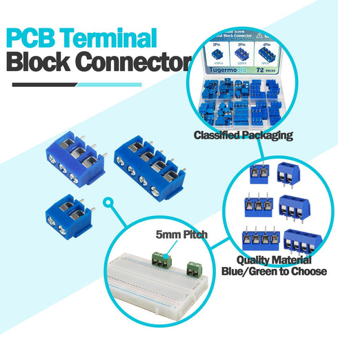 72PCS 5mm Pitch PCB Mount Screw Terminal Block Connector, 2Pin 3Pin 4Pin Circuit Board Connectors