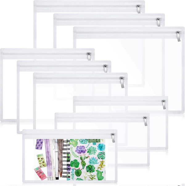 CHENGU 9 Pack Clear Waterproof Zipper Pouches for Cosmetic, Wallet, Pencil Organizing, Clear Travel Bags (White Side)