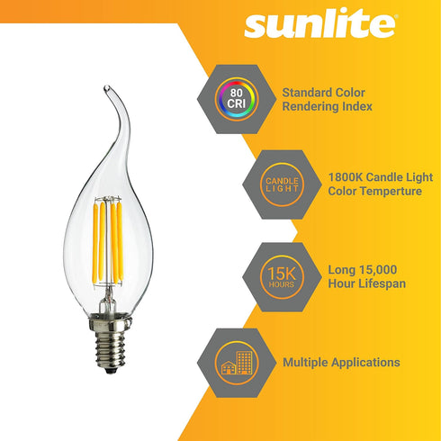 41745 CA11 Bulb, 4 (40W 320 (E12) Dimmable, 1800K 6 Count Sunlite LED Filament Flame Tip Chandelier Light Watts