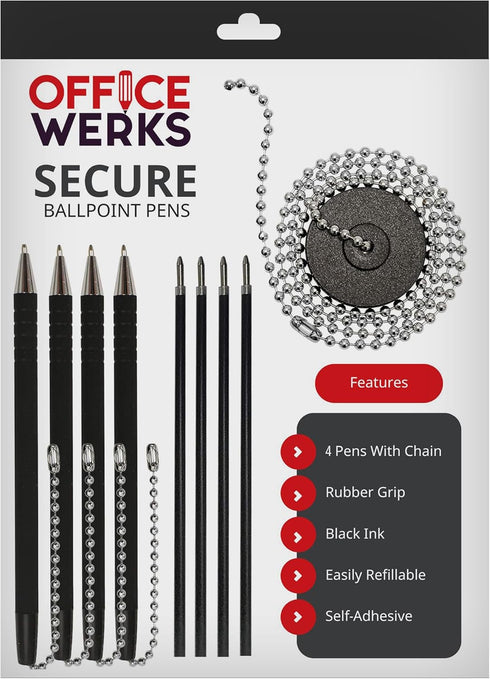 Office Werks Secure Ballpoint Pen with Chain - 4 Pens with 26" Ball Chain, Rubber Grip, Black Ink, Desk Holder