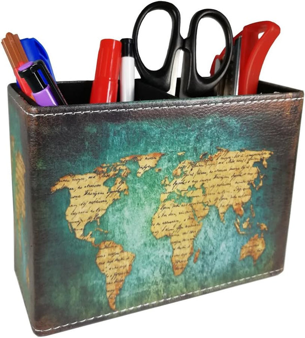 DreamsEden Vintage Pen Pencil Holder Cup, Retro Pattern Desk Organizer for Home Office (Blue World Map)